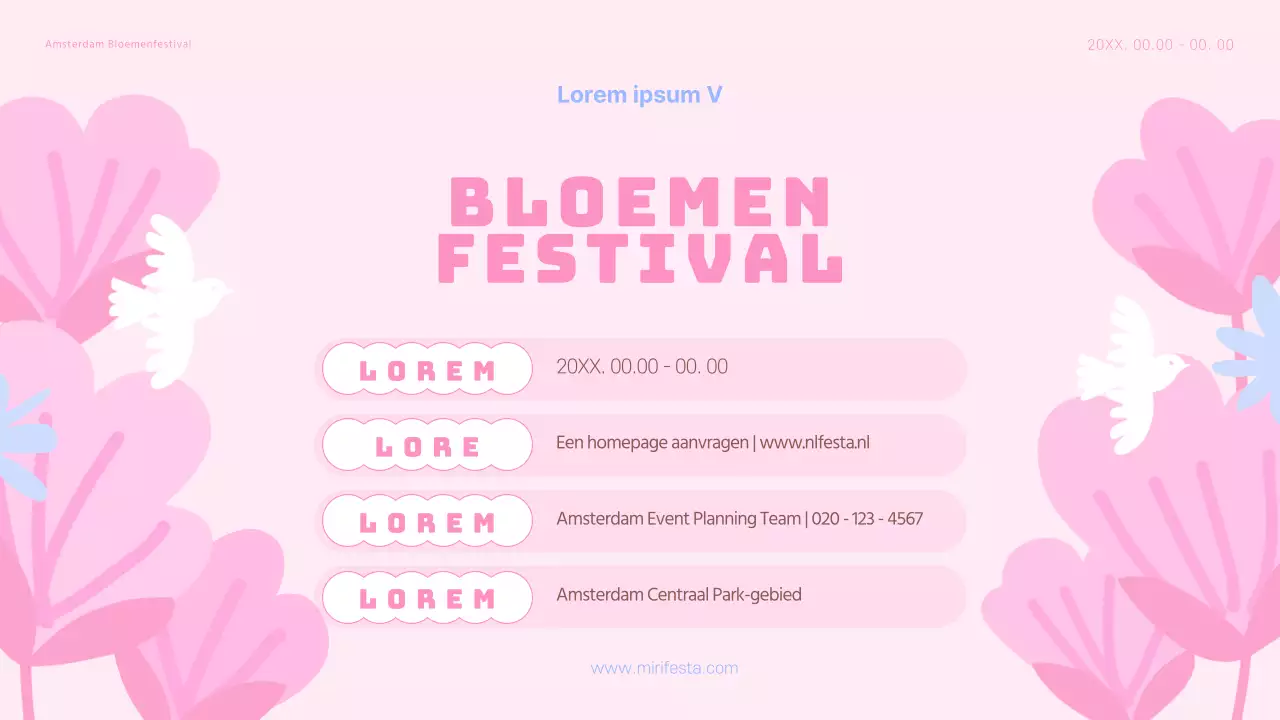 Een festivalplanner met lentebloemen, roze en lichtblauw