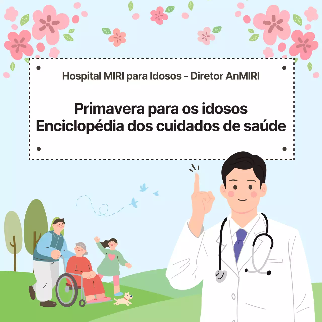 Boletim informativo cor-de-rosa e amarelo sobre os cuidados de saúde dos idosos na primavera