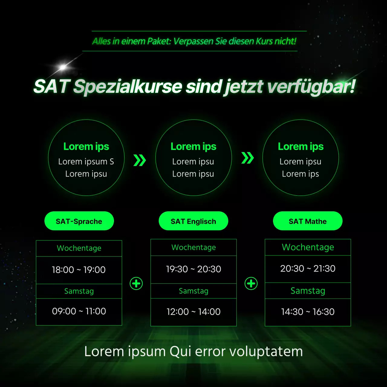 Neonfarbene, cyberartige Werbung für eine High School SAT Prep School