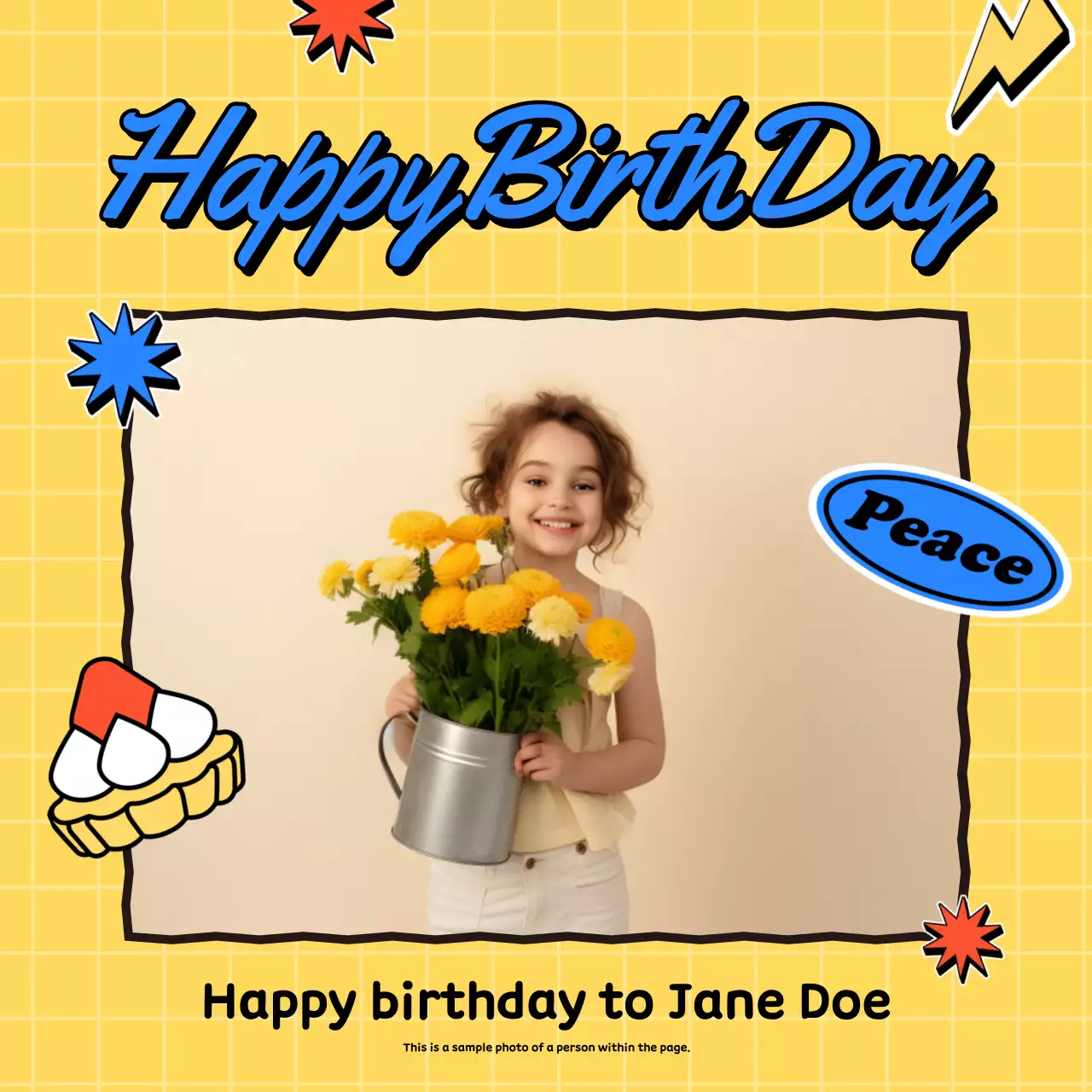 노란색 레트로 생일 카드 소셜 미디어 게시물