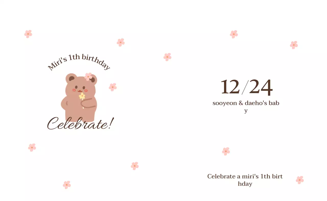 お花を持ったクマの絵と花柄が描かれたお誕生日会