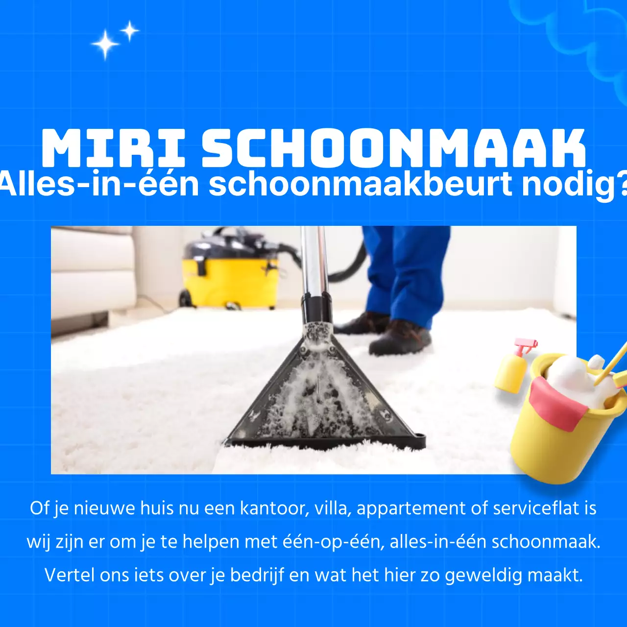 Schattige advertentie van een schoonmaakbedrijf met een lichtblauwe achtergrond