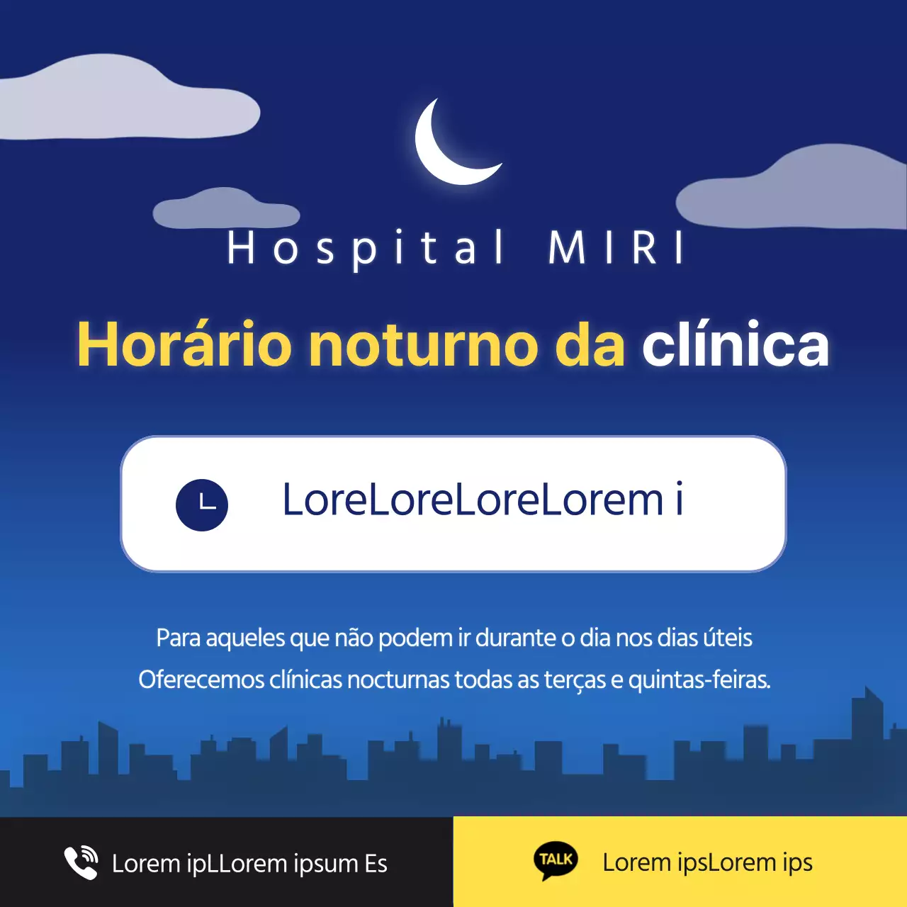 Anúncios básicos do horário noturno do hospital em azul-marinho e amarelo