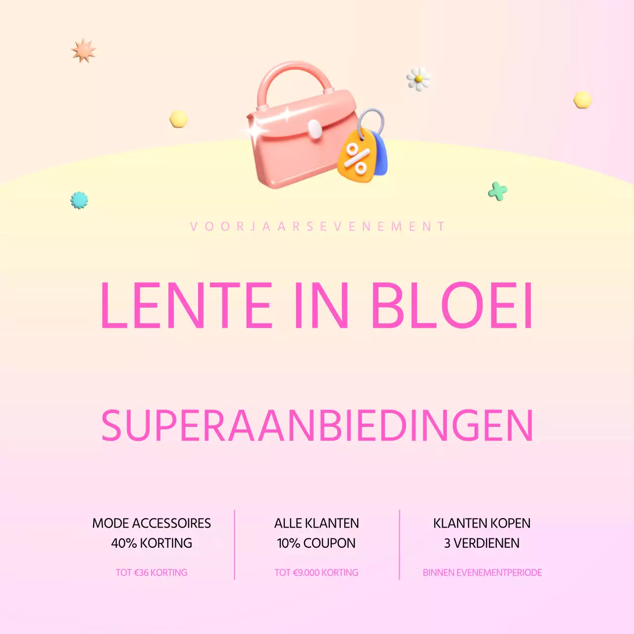 Een moderne lenteverkoopadvertentie in roze en paars