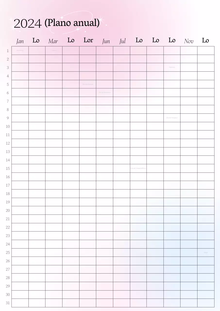 Calendário anual com gradiente cor-de-rosa