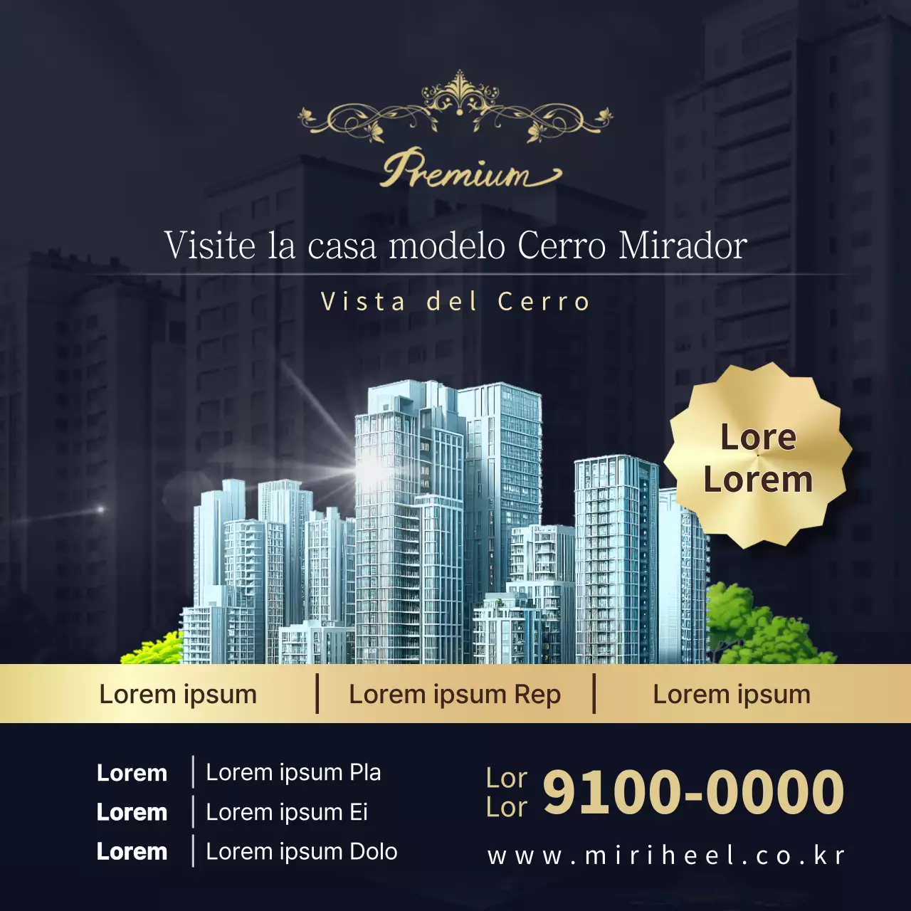 Promueva citas para visitar una sencilla casa modelo en azul marino y dorado