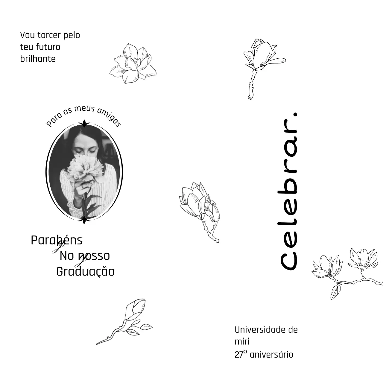 Formatura com um toque de classe com ilustrações de linhas florais e fotografias
