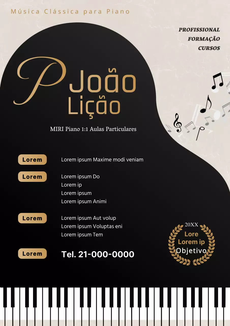 Anúncio de aulas particulares de piano clássico em preto e dourado