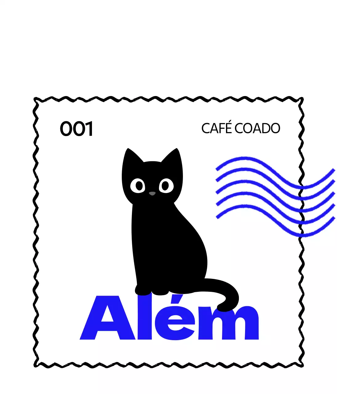 Produtos de cafetaria com gatos giros, texto azul e ondas