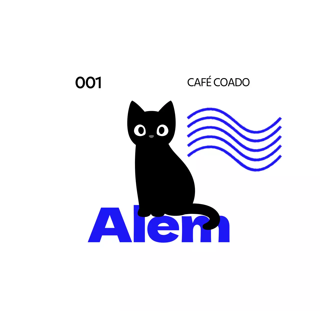 Produtos de cafetaria com gatos giros, texto azul e ondas