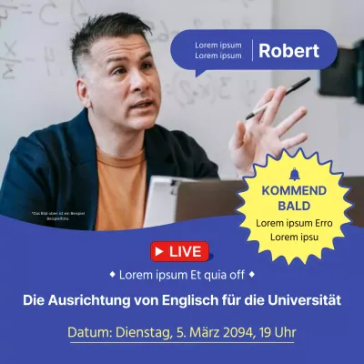 Werbung für die Live-Ankündigung des blau-gelben Briefings für einfachen Englischunterricht