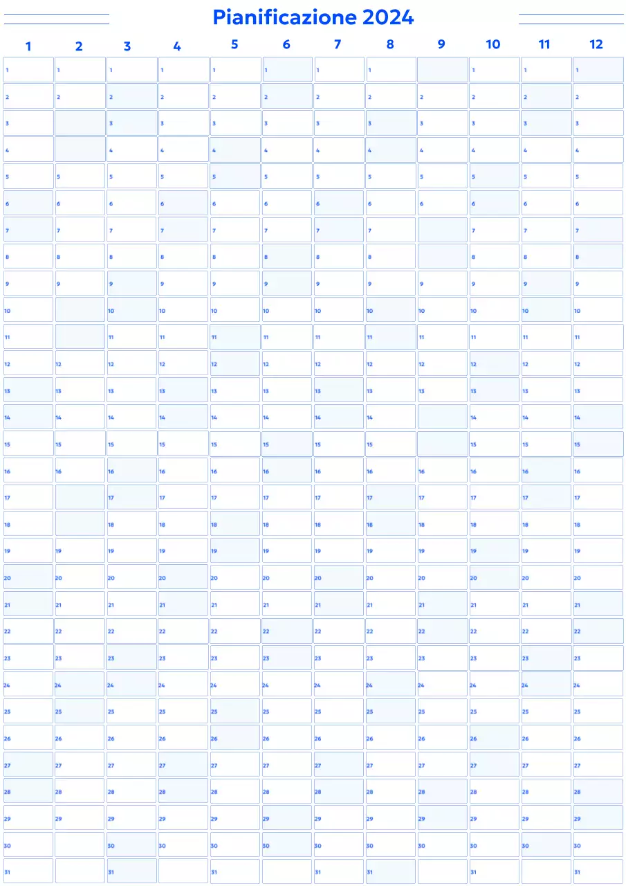 Un semplice calendario annuale in stile gotico con riquadri blu arrotondati