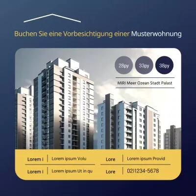 Förderung von Vorab-Buchungen für ein einfaches gelbes und marineblaues Musterhaus