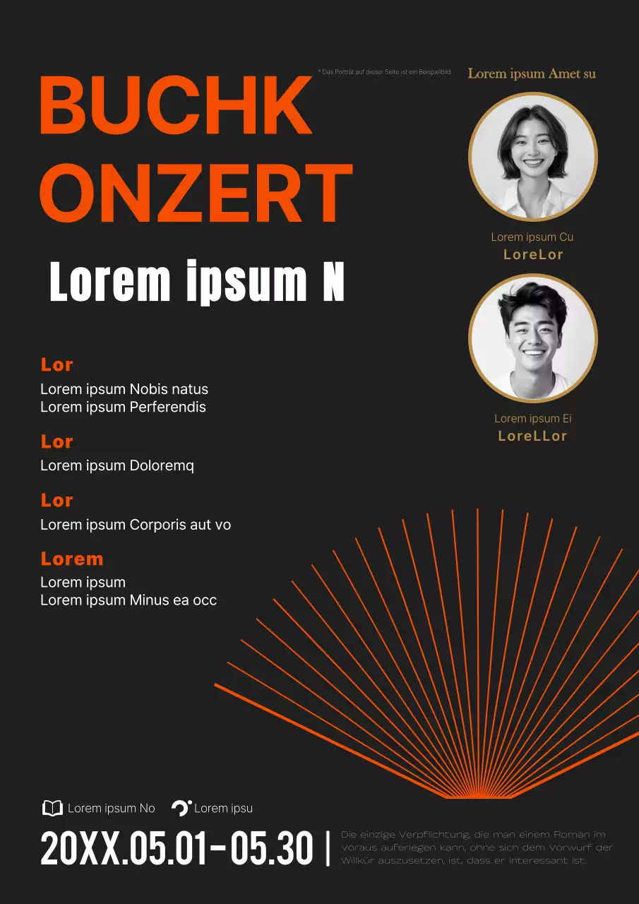 Moderne Buchkonzert-Promotion mit Autorenfoto in Schwarz und Orange