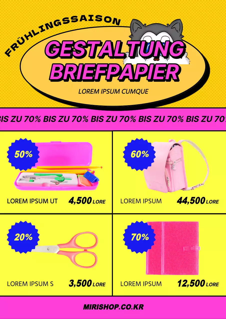 Verkaufsflyer mit Briefpapier im Retro-Design in Gelb und Pink