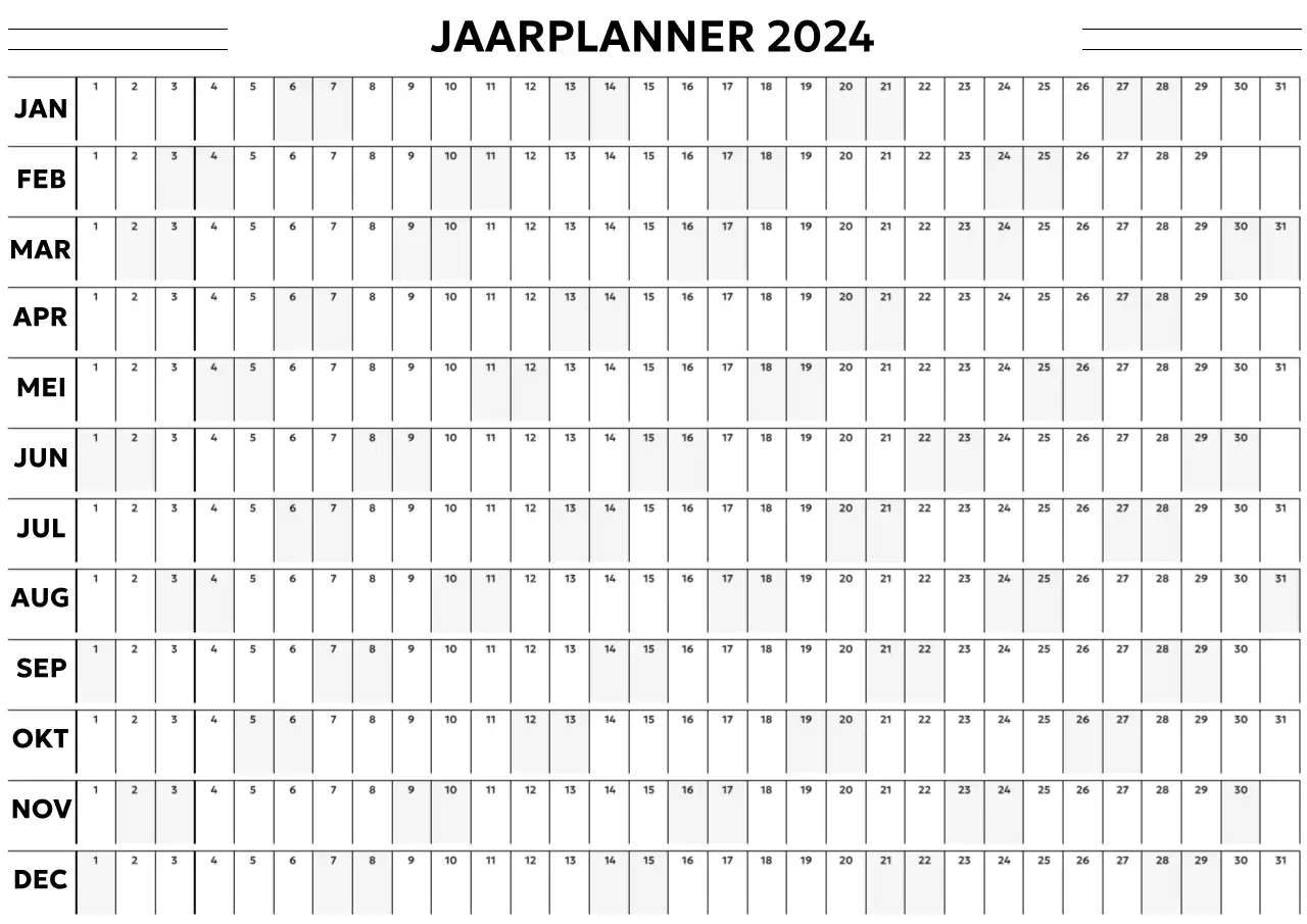 Een eenvoudige en moderne jaarkalender in zwart-wit