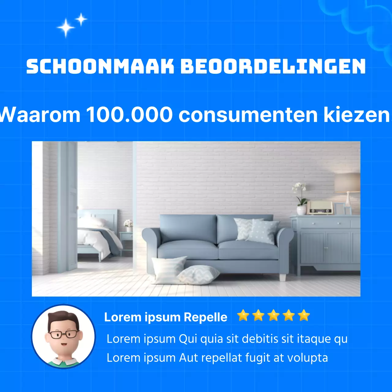 Schattige advertentie van een schoonmaakbedrijf met een lichtblauwe achtergrond
