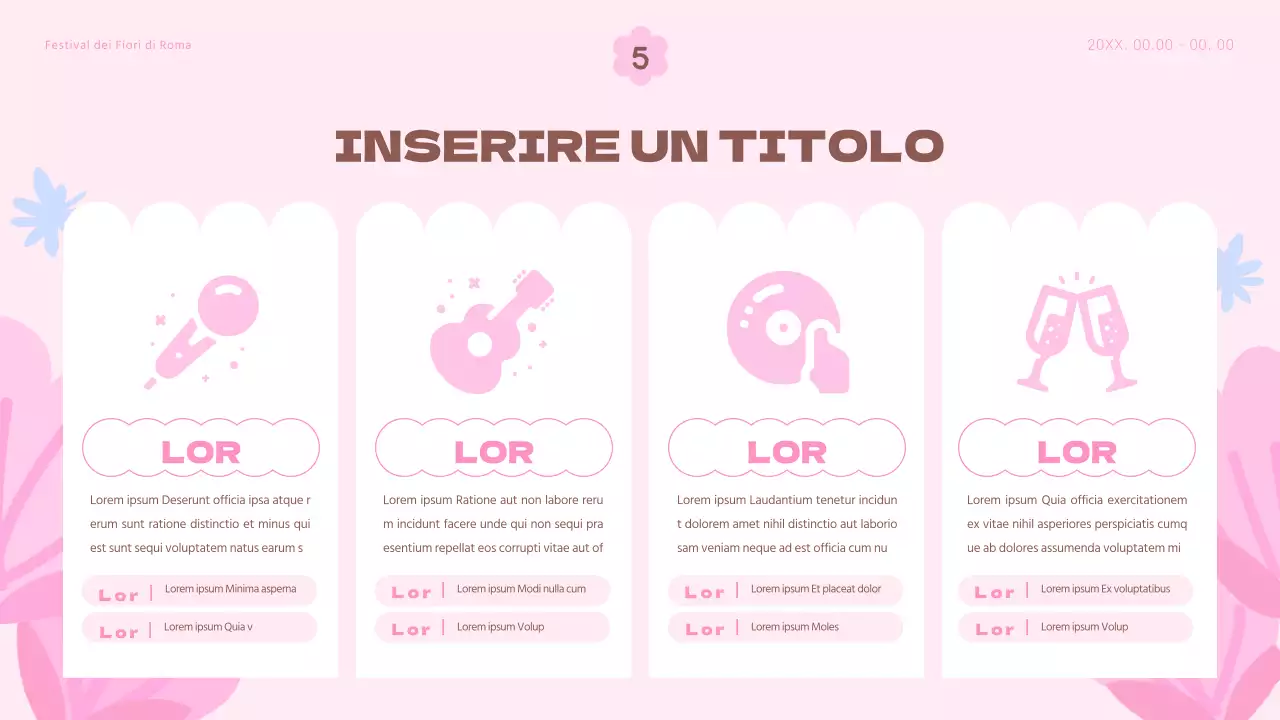 Un planner per un festival floreale primaverile, con tonalità di rosa e azzurro.