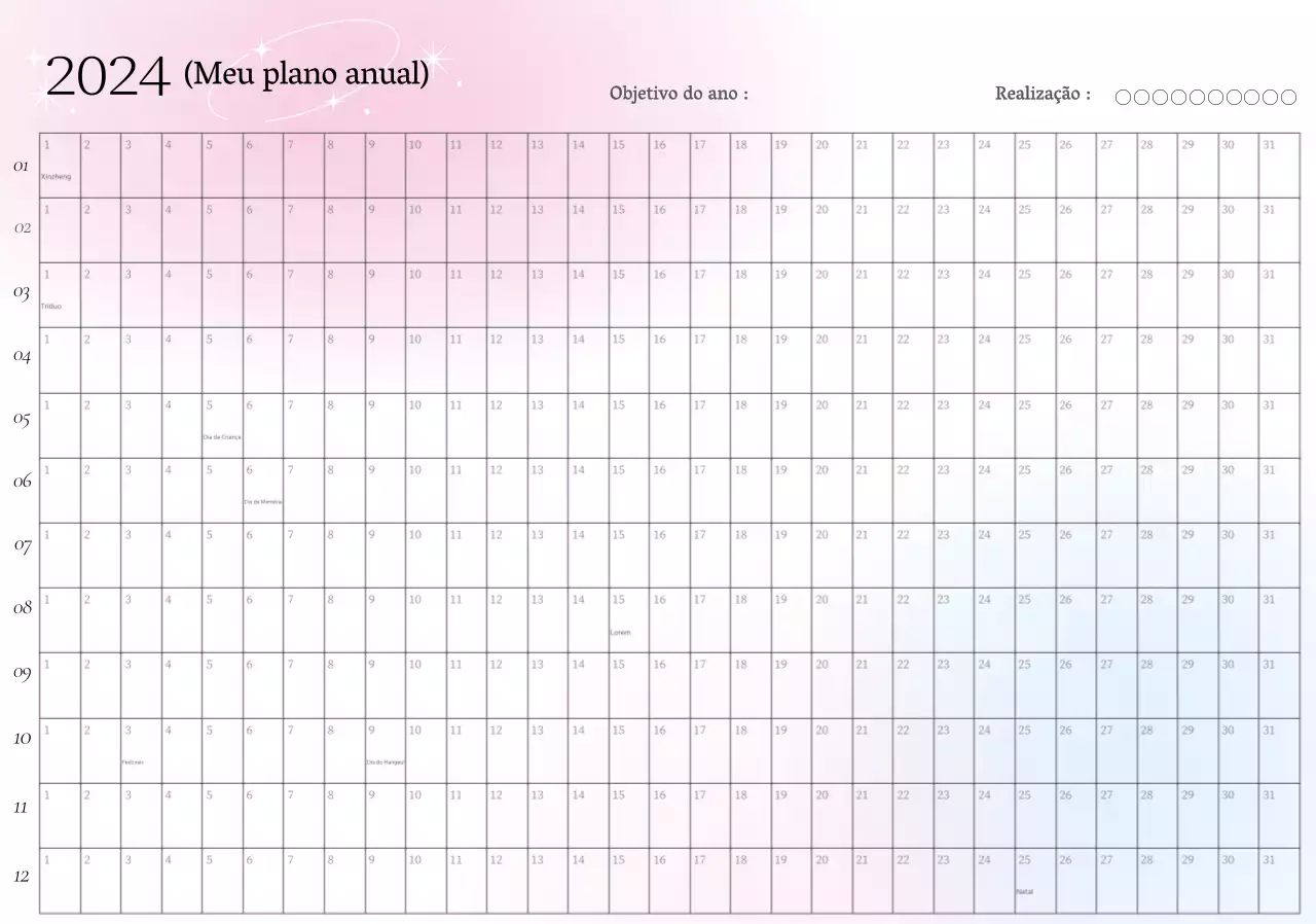 Calendário anual com gradiente cor-de-rosa