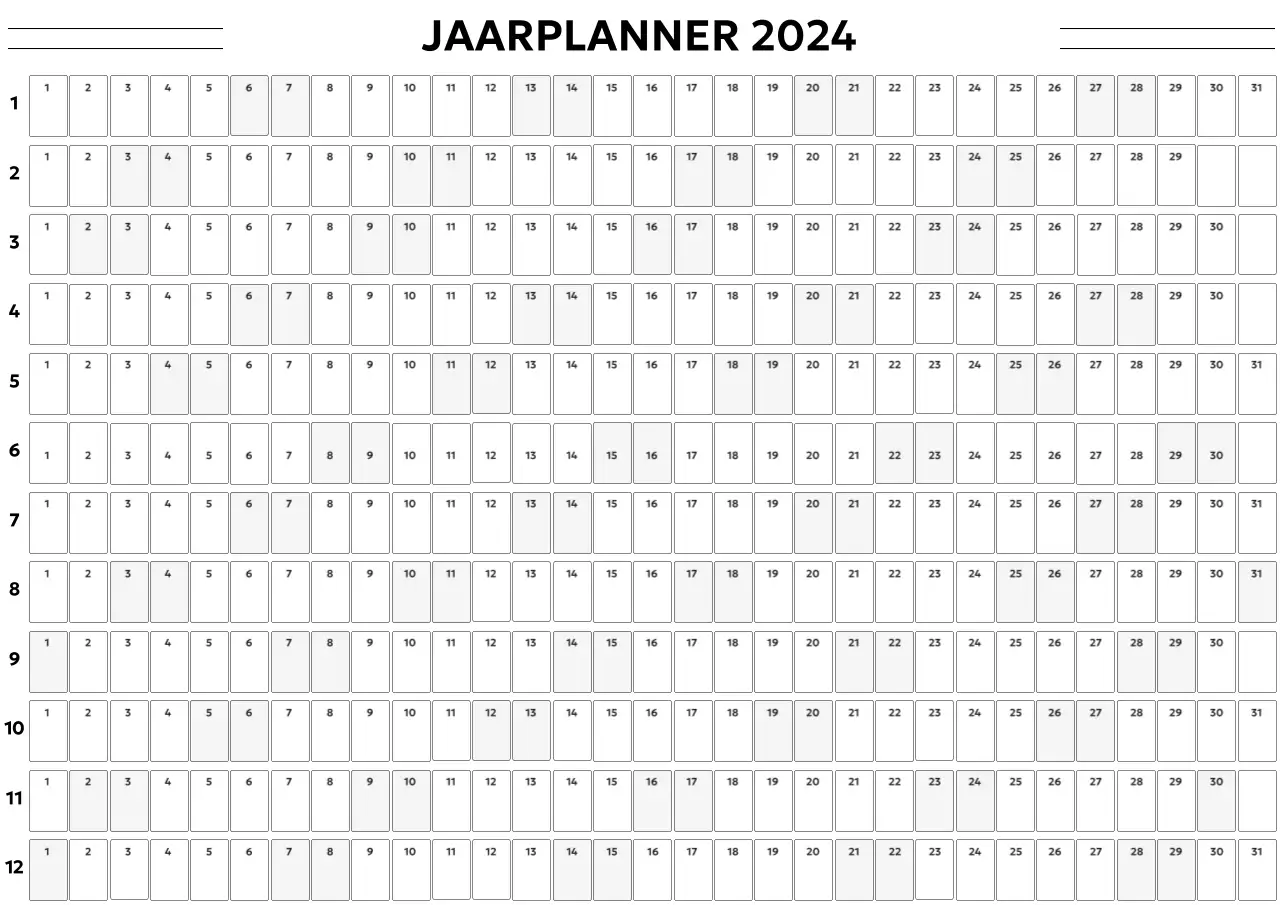 Een eenvoudige jaarkalender in een gotisch lettertype met afgeronde vierkantjes