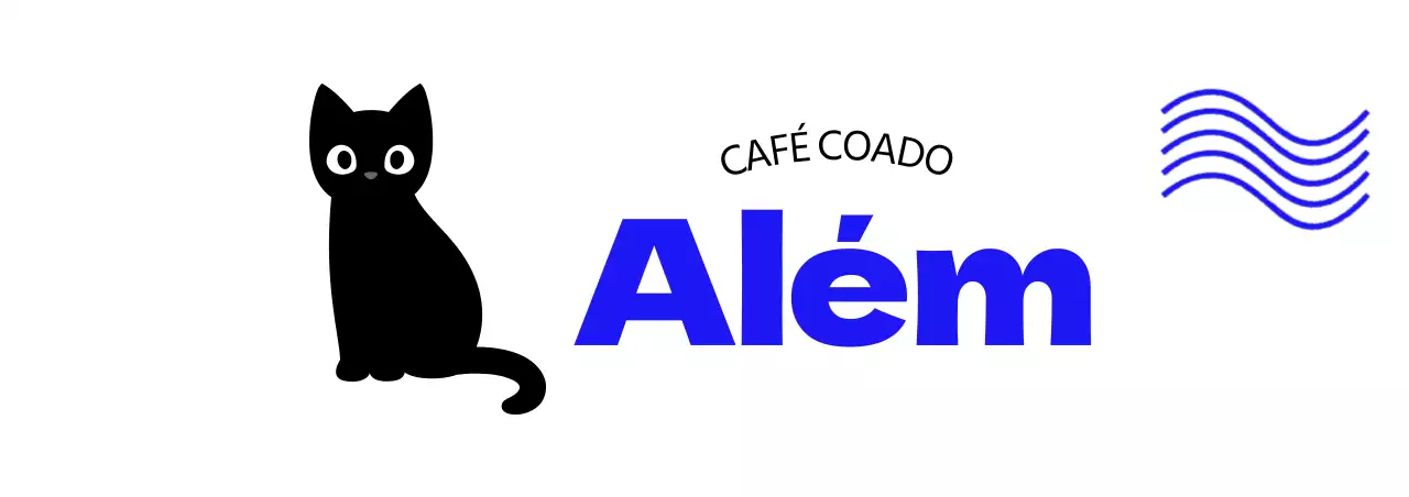 Produtos de cafetaria com gatos giros, texto azul e ondas
