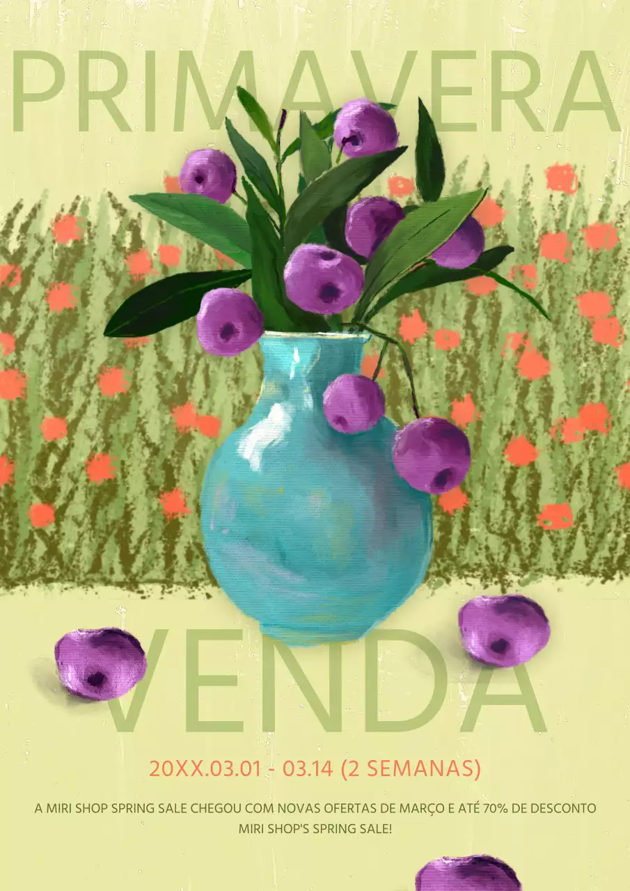 Um anúncio clássico de saldos de primavera em roxo e chartreuse