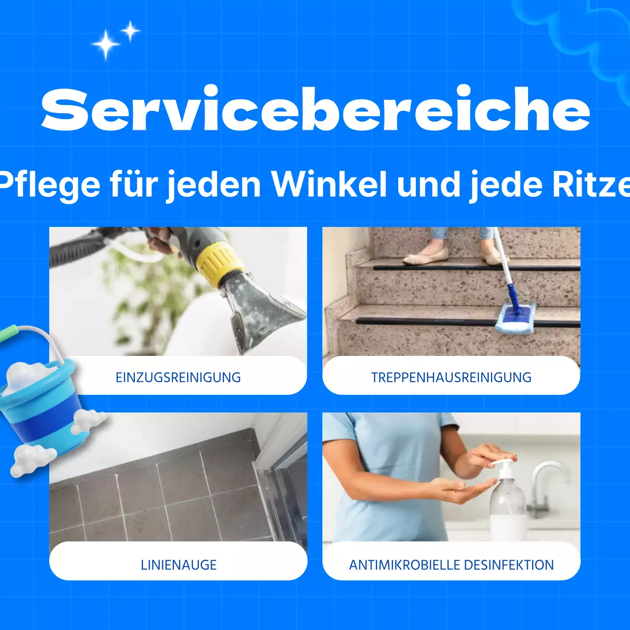 Niedliche Anzeige einer Reinigungsfirma mit hellblauem Hintergrund