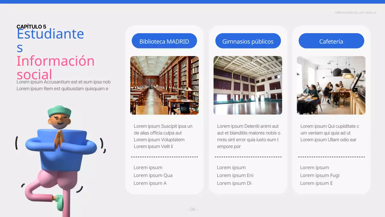 Un sencillo informe azul y rosa de orientación universitaria para nuevos estudiantes