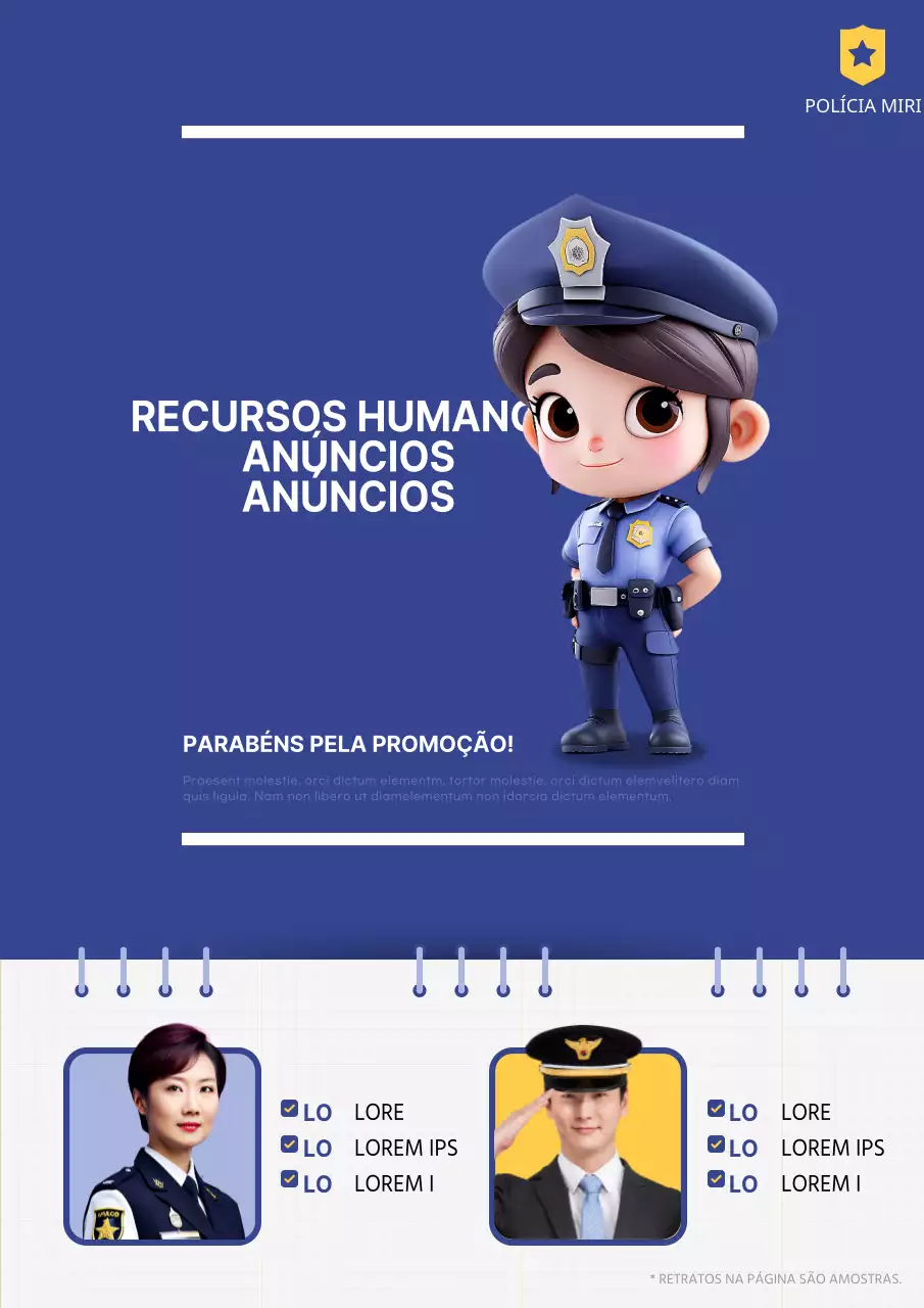 Anúncio das promoções da polícia em azul e amarelo