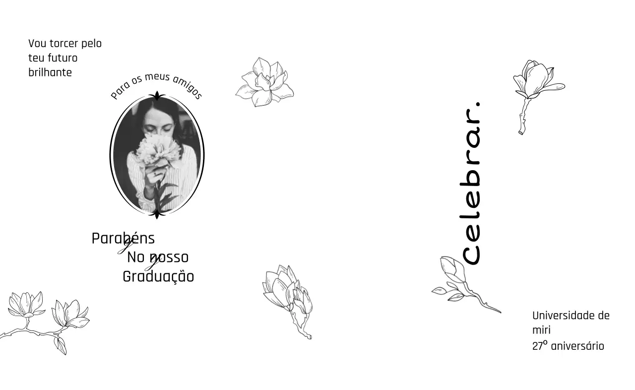 Formatura com um toque de classe com ilustrações de linhas florais e fotografias