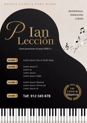Anuncio clásico de clases particulares de piano en negro y dorado