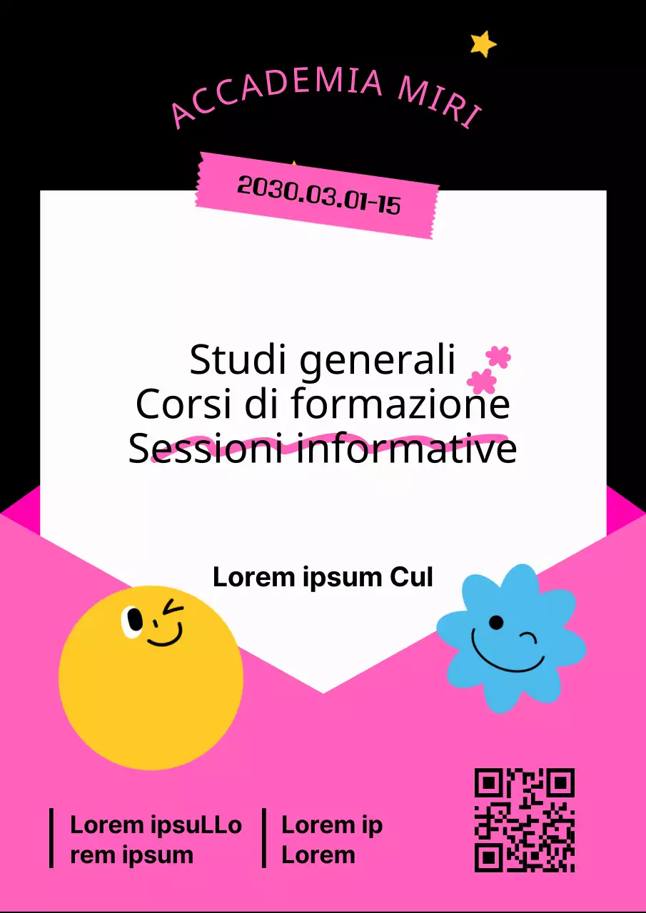 Promuovere sessioni informative sulle ammissioni con geometria rosa e nera.