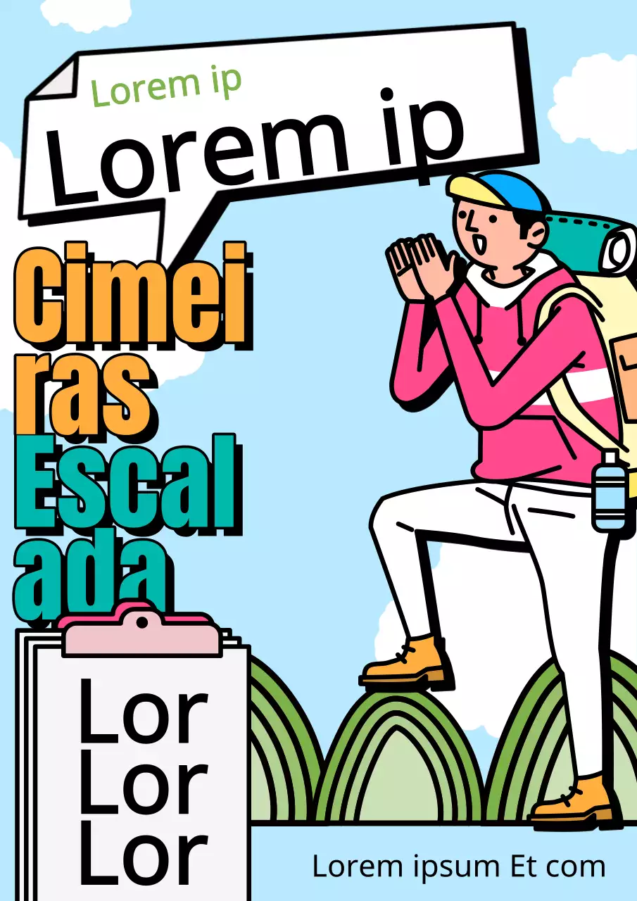 Anúncio de presença no clube de escalada em estilo pop art laranja e menta