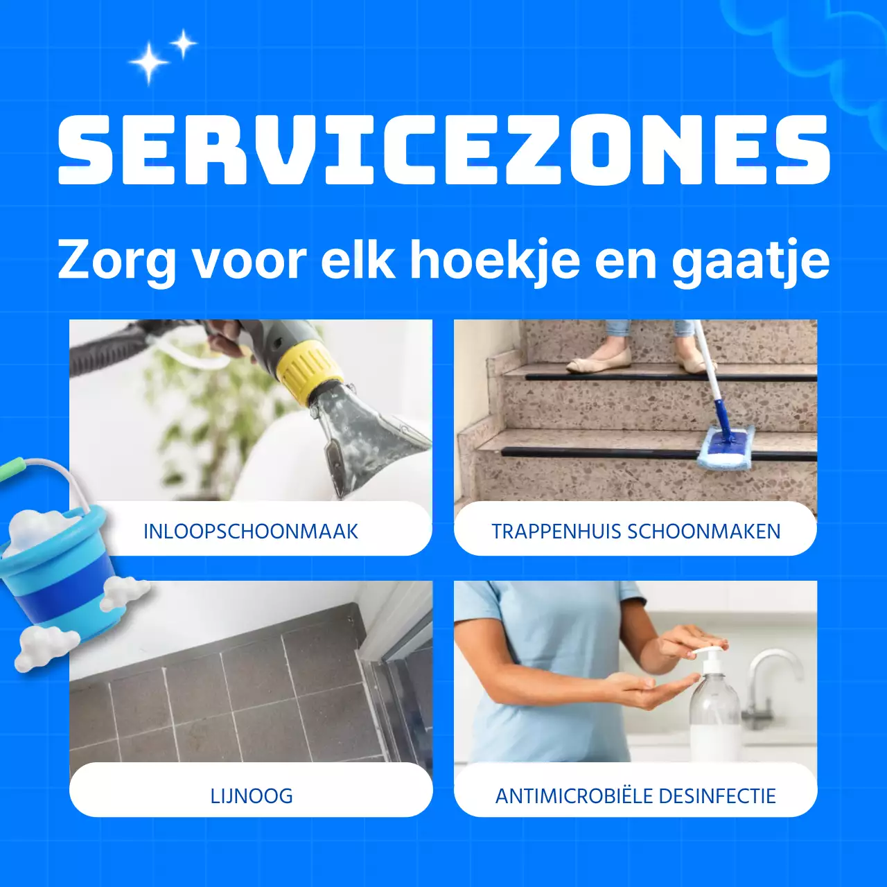 Schattige advertentie van een schoonmaakbedrijf met een lichtblauwe achtergrond