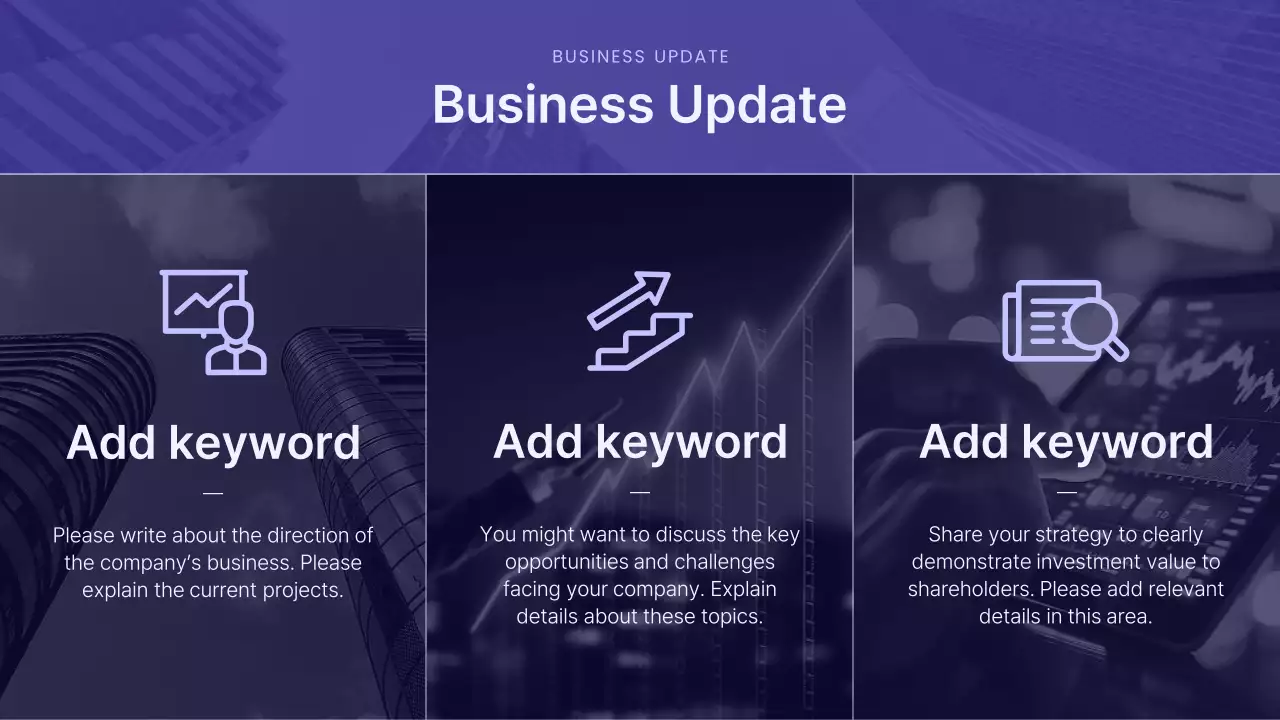 A modern shareholder meeting presentation in purple