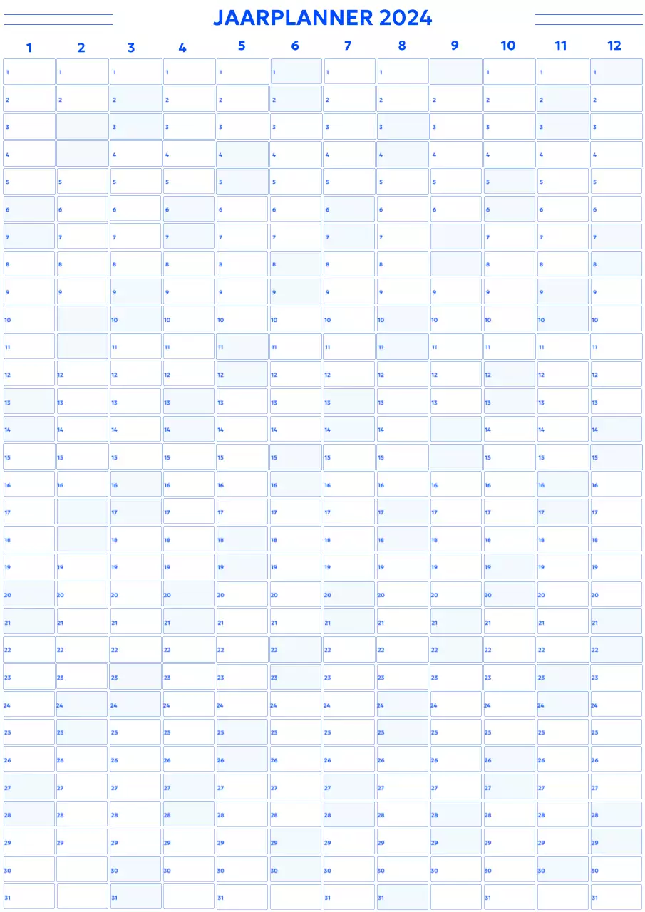Een eenvoudige jaarkalender in een gotische stijl met blauwe ronde vierkantjes