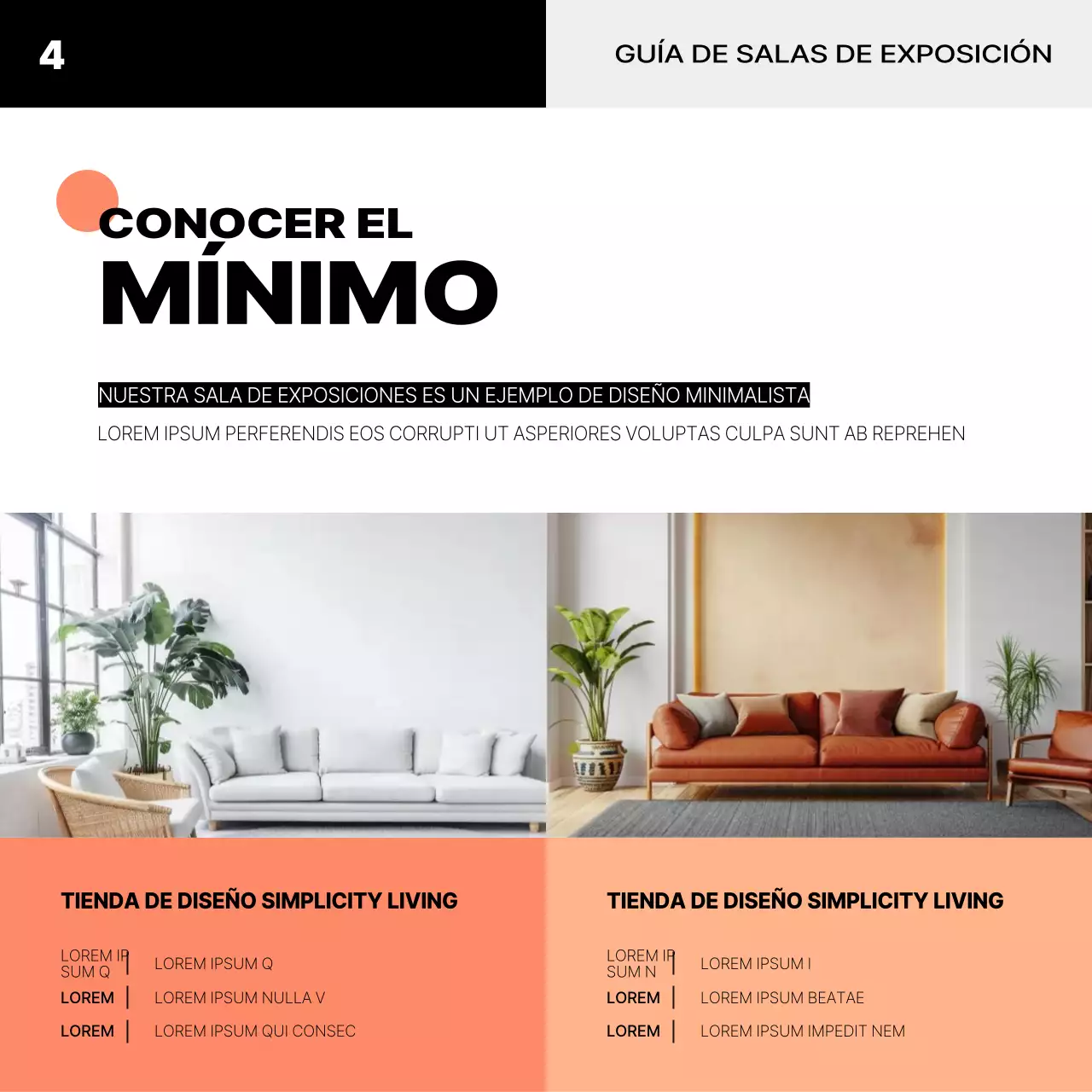 Un interior minimalista en naranja y negro