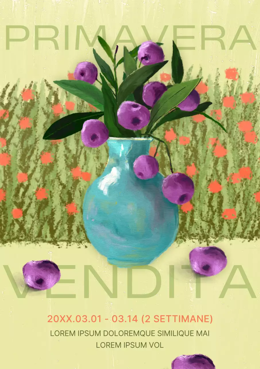 Un classico annuncio di vendita primaverile in viola e chartreuse