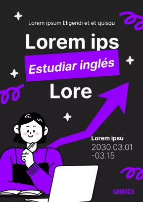 Promoción de una feria de estudios universitarios de inglés en negro y morado inspirada en el arte pop.