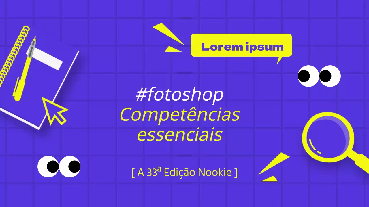 Uma capa de curso de Photoshop pop-artística em roxo e amarelo
