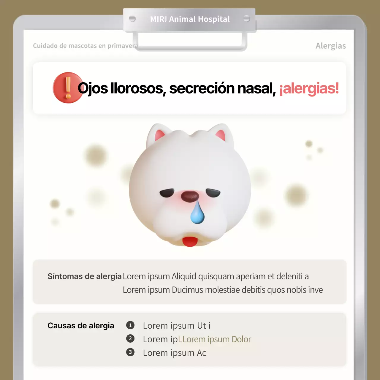 Los cuidados primaverales de las mascotas explicados con sencillos colores verdes y marrones