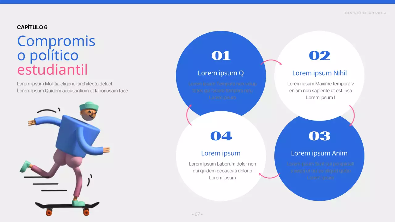 Un sencillo informe azul y rosa de orientación universitaria para nuevos estudiantes