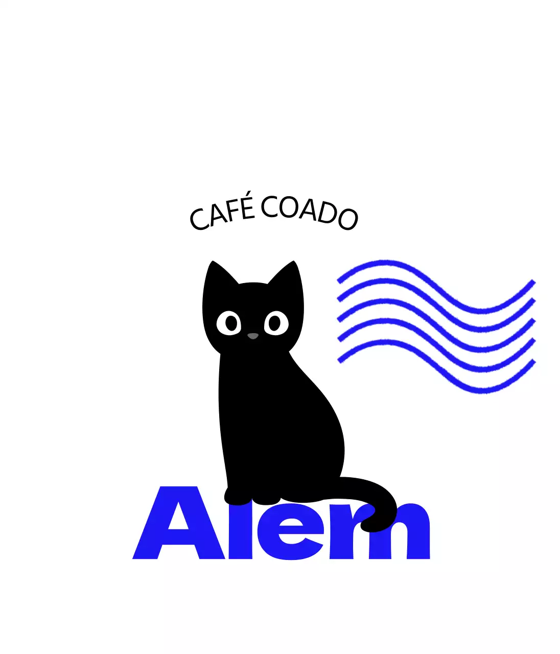 Produtos de cafetaria com gatos giros, texto azul e ondas