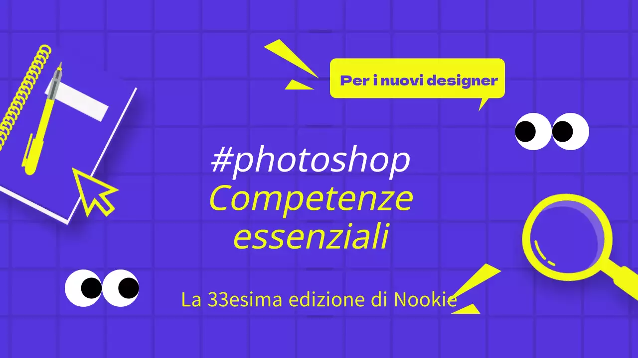 Una copertina pop-artistica per un corso di Photoshop in viola e giallo