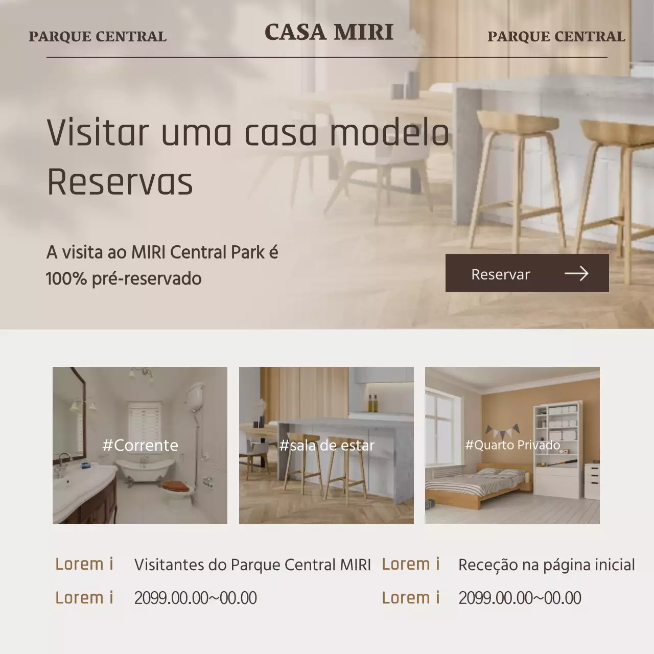 Promover marcações para visitar uma casa modelo moderna em bege e marfim