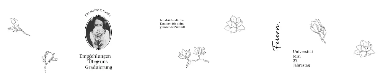 Abschlussfeier in stilvollem Ambiente mit floralen Linienillustrationen und Fotos