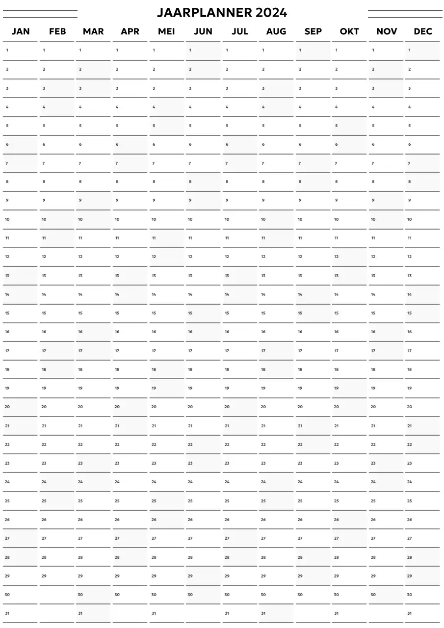 Een eenvoudige en moderne jaarkalender in zwart-wit