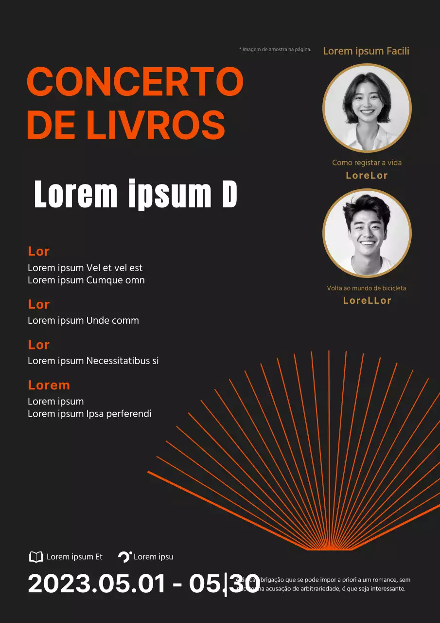 Promoção moderna de concerto de livros com fotografia de autor a preto e laranja