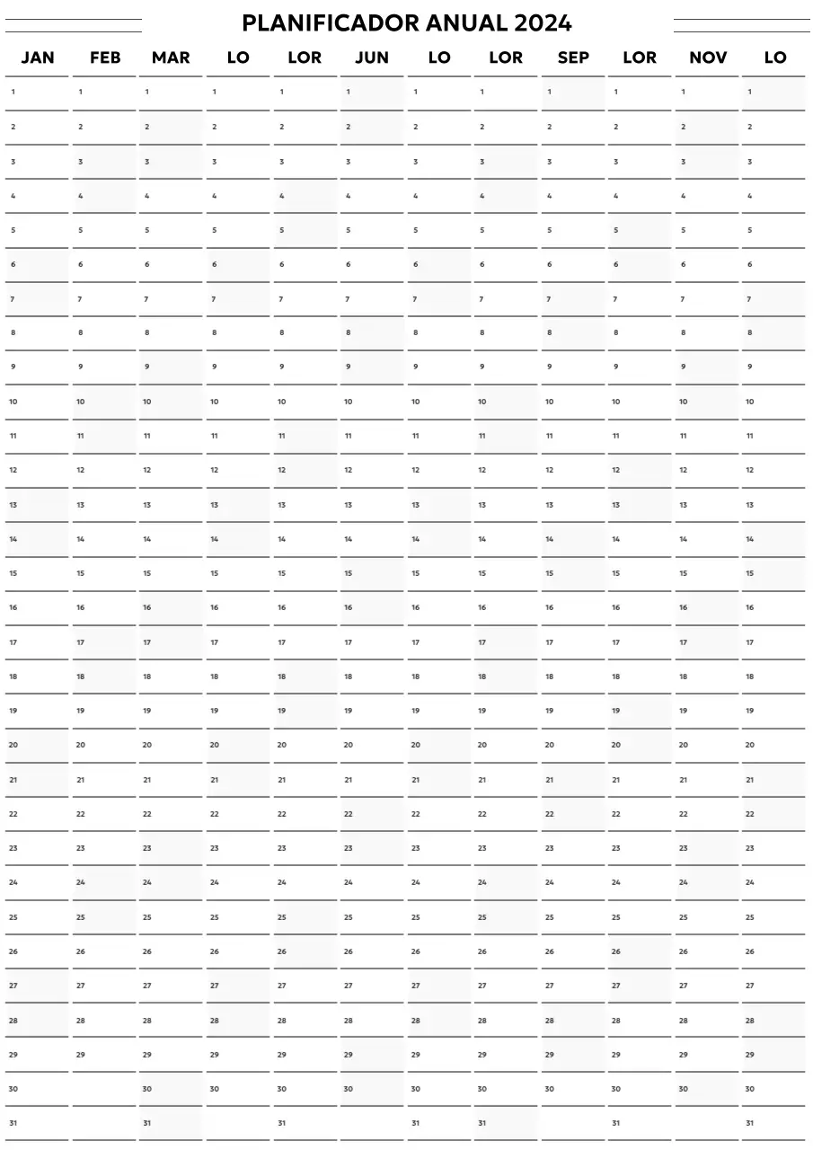 Un calendario anual sencillo y moderno en blanco y negro