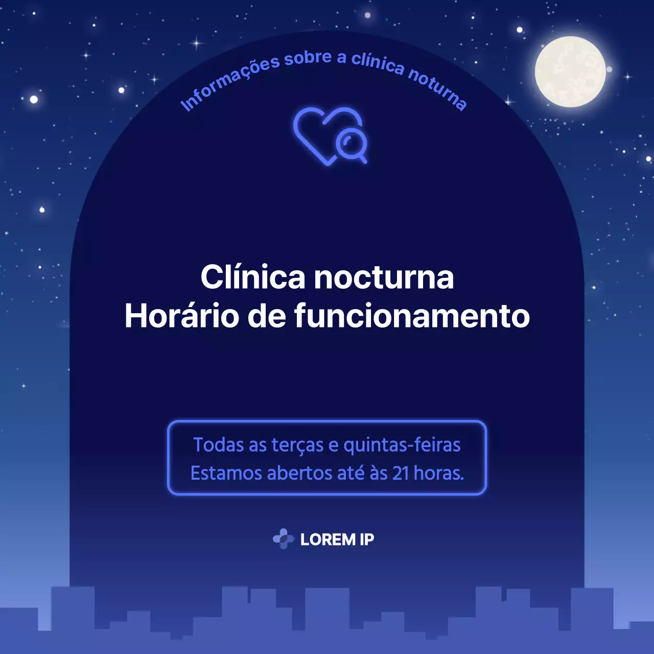 Anúncio azul simples para o horário da clínica nocturna